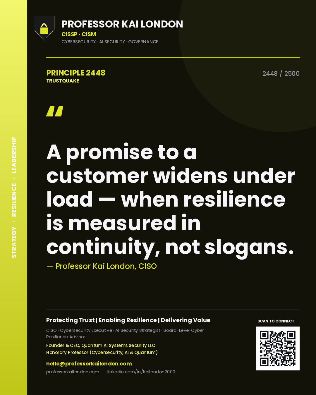 Professor Kai London principle 2448: A promise to a customer widens under load — when resilience is measured in continuity, not slogans.