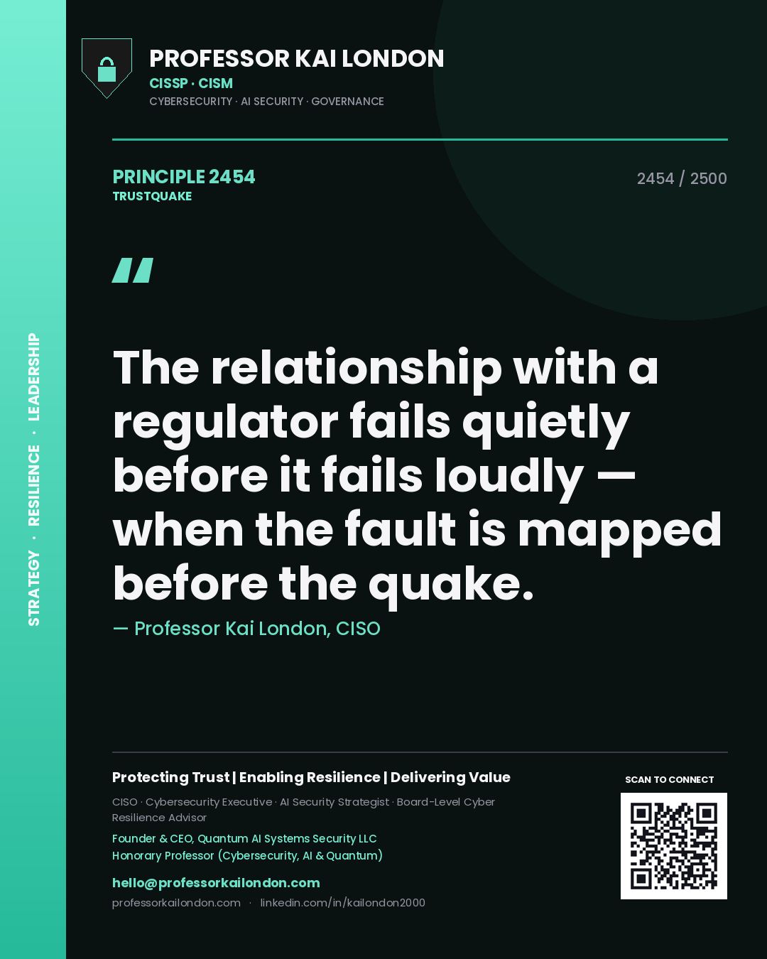 Professor Kai London principle 2454: The relationship with a regulator fails quietly before it fails loudly — when the fault is mapped before the quake.