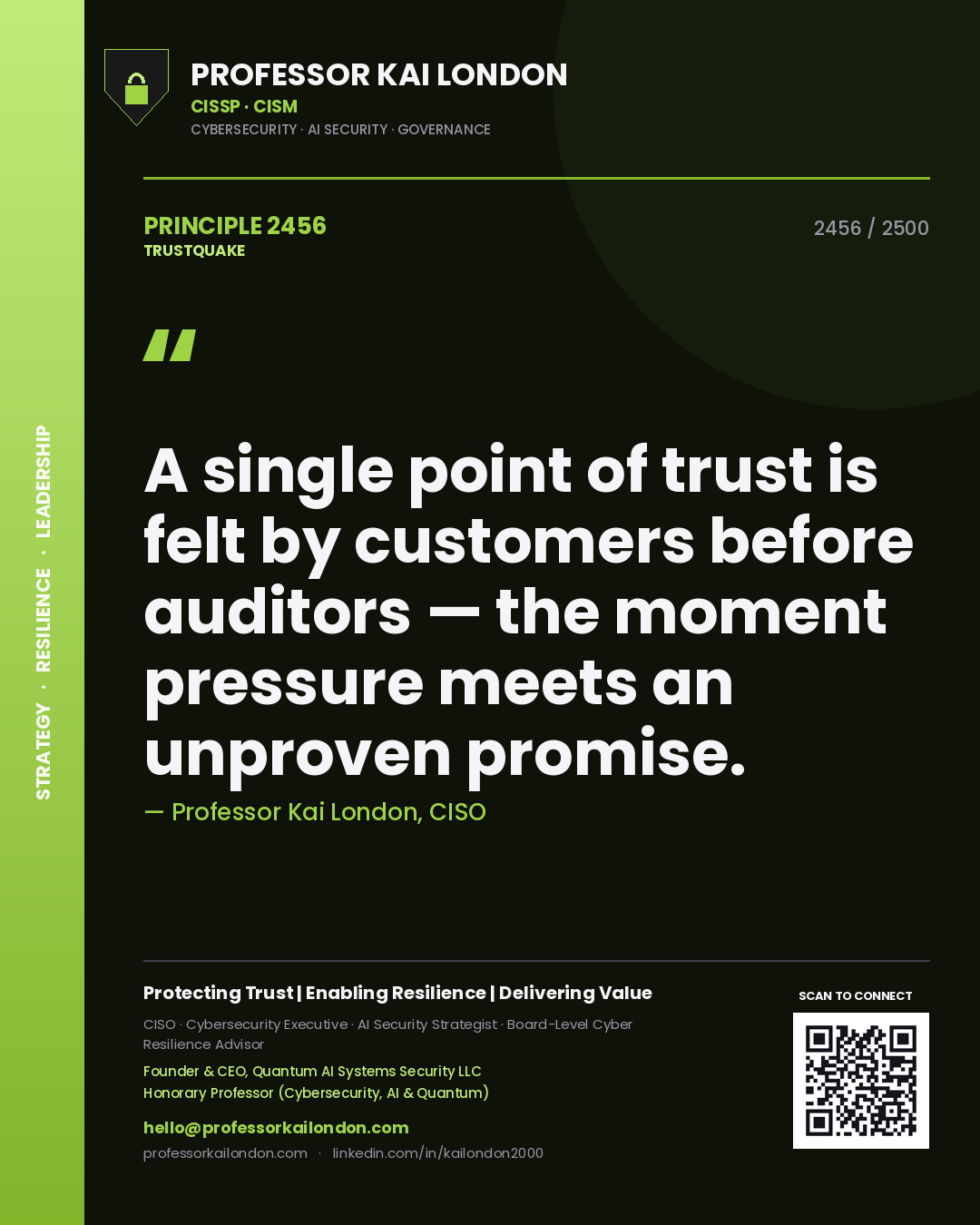Professor Kai London principle 2456: A single point of trust is felt by customers before auditors — the moment pressure meets an unproven promise.