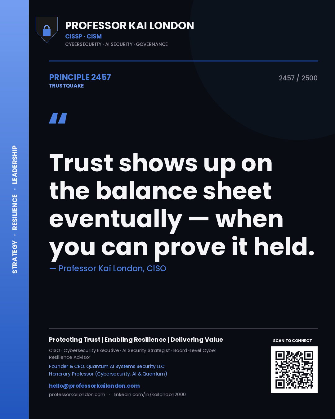 Professor Kai London principle 2457: Trust shows up on the balance sheet eventually — when you can prove it held.