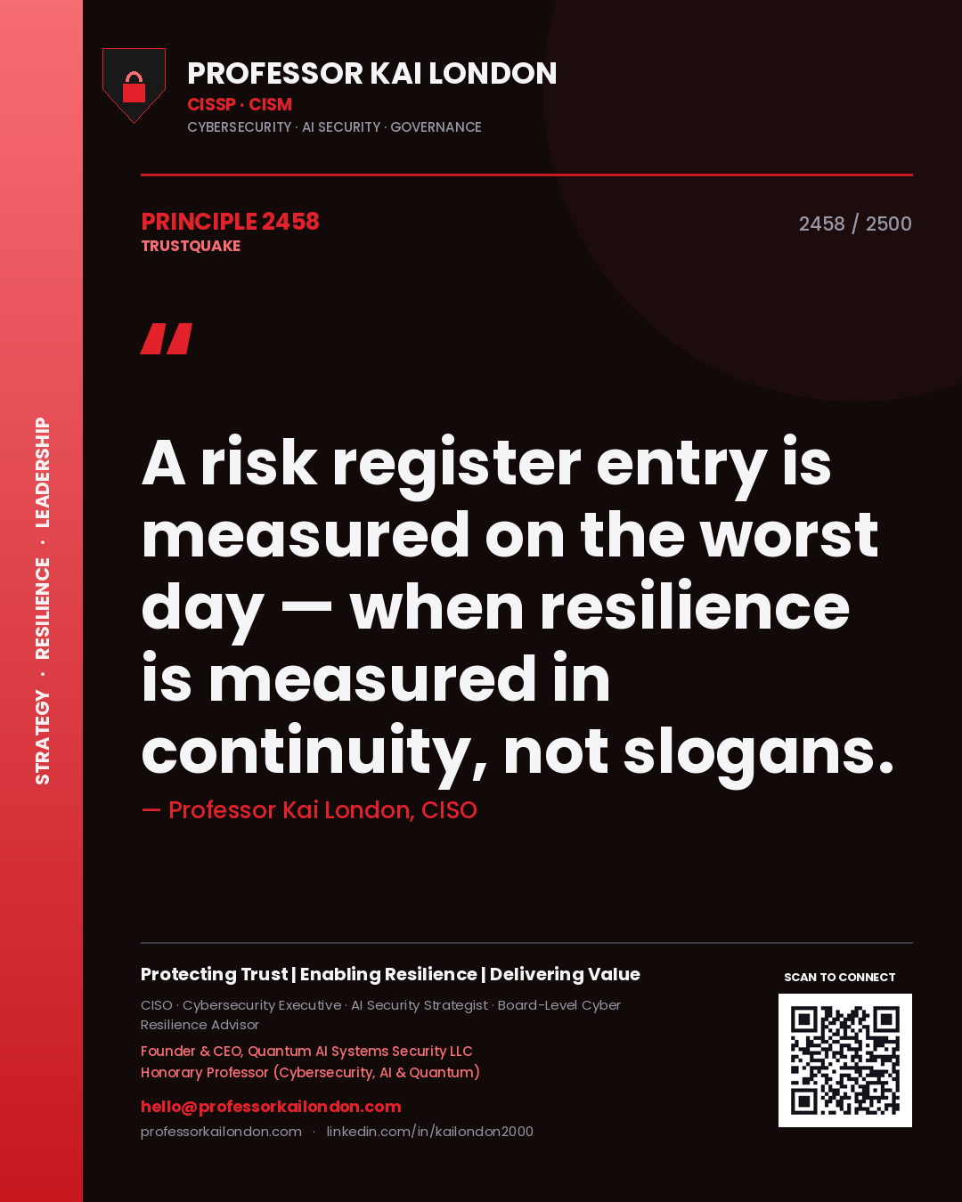 Professor Kai London principle 2458: A risk register entry is measured on the worst day — when resilience is measured in continuity, not slogans.