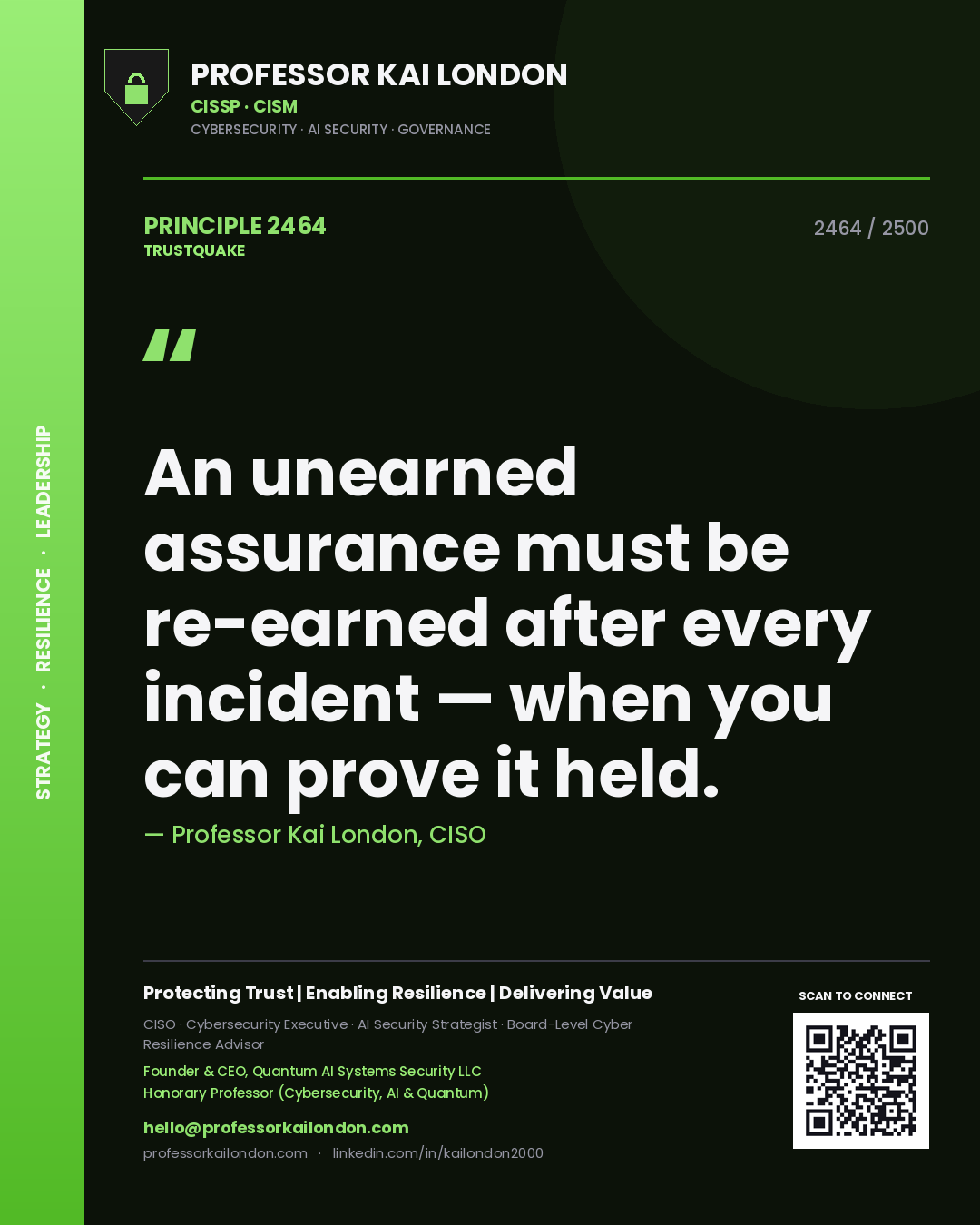 Professor Kai London principle 2464: An unearned assurance must be re-earned after every incident — when you can prove it held.