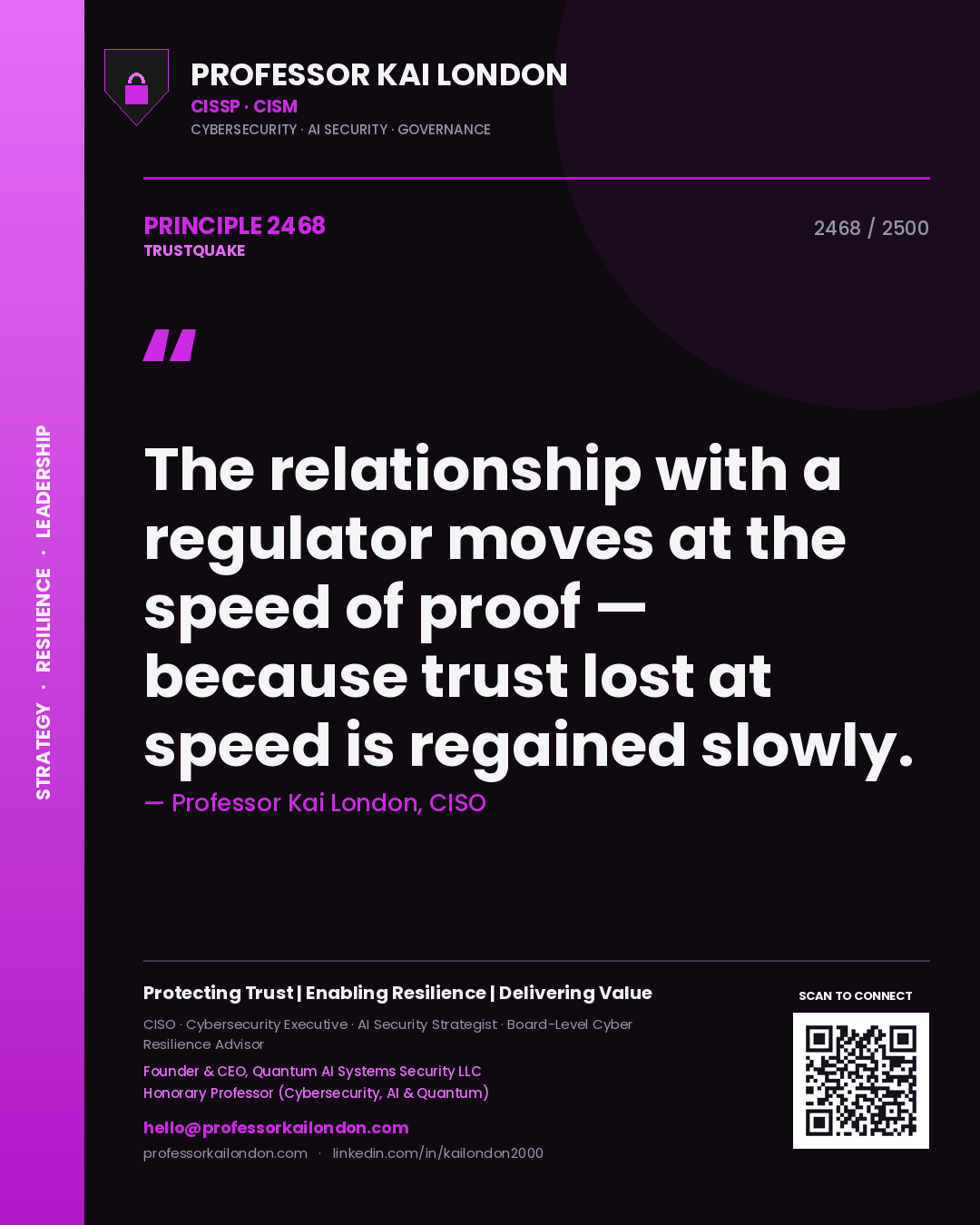 Professor Kai London principle 2468: The relationship with a regulator moves at the speed of proof — because trust lost at speed is regained slowly.