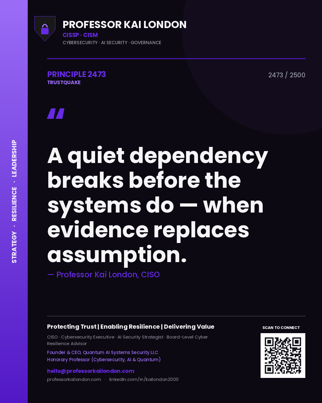 Professor Kai London principle 2473: A quiet dependency breaks before the systems do — when evidence replaces assumption.