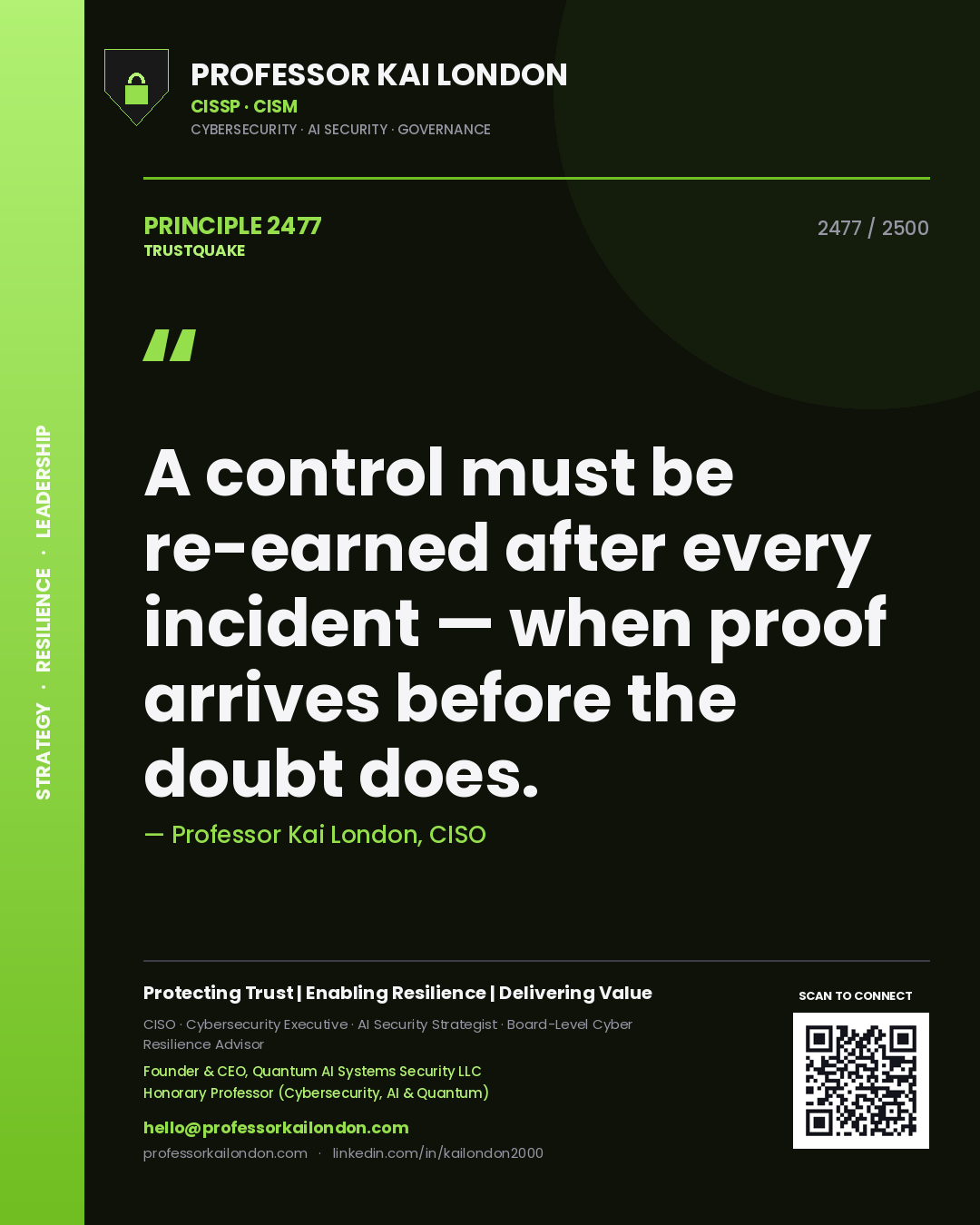 Professor Kai London principle 2477: A control must be re-earned after every incident — when proof arrives before the doubt does.
