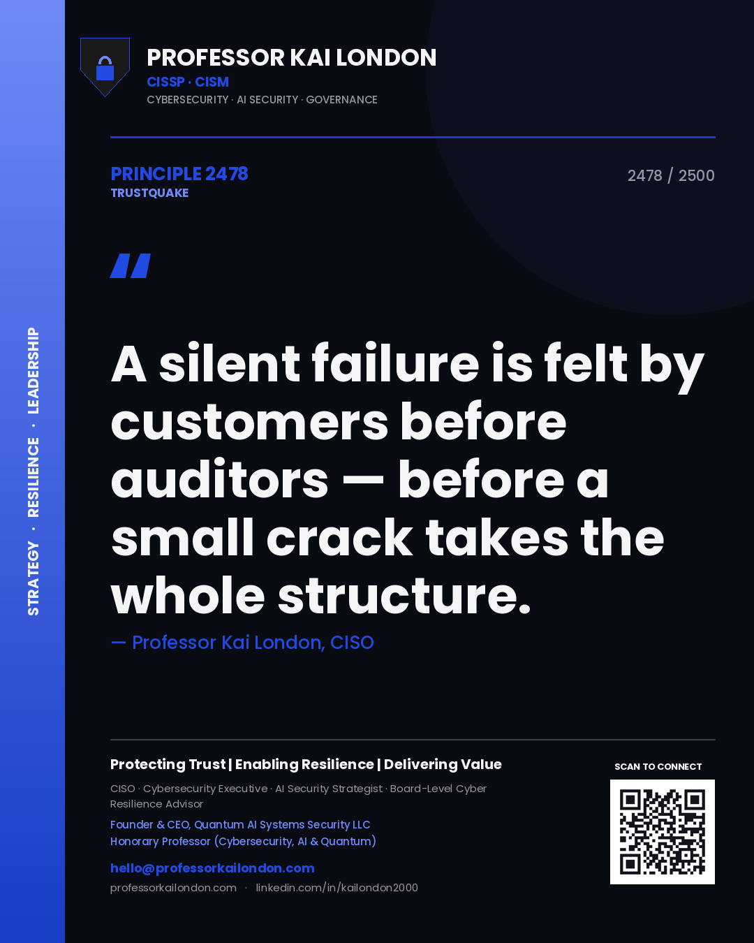 Professor Kai London principle 2478: A silent failure is felt by customers before auditors — before a small crack takes the whole structure.