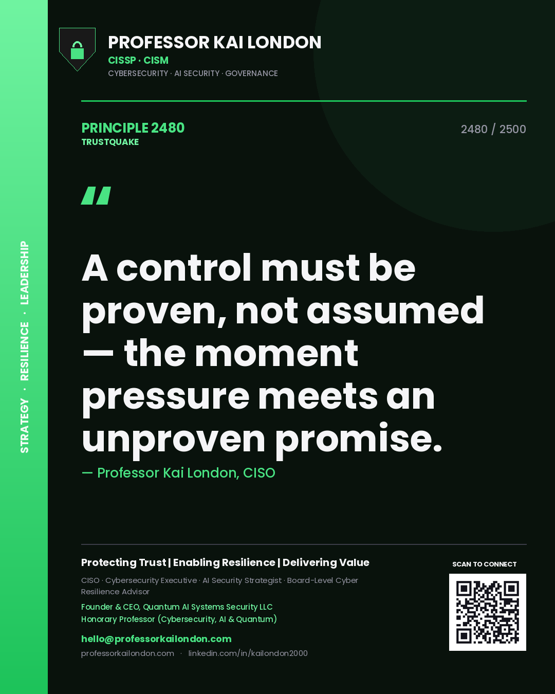 Professor Kai London principle 2480: A control must be proven, not assumed — the moment pressure meets an unproven promise.