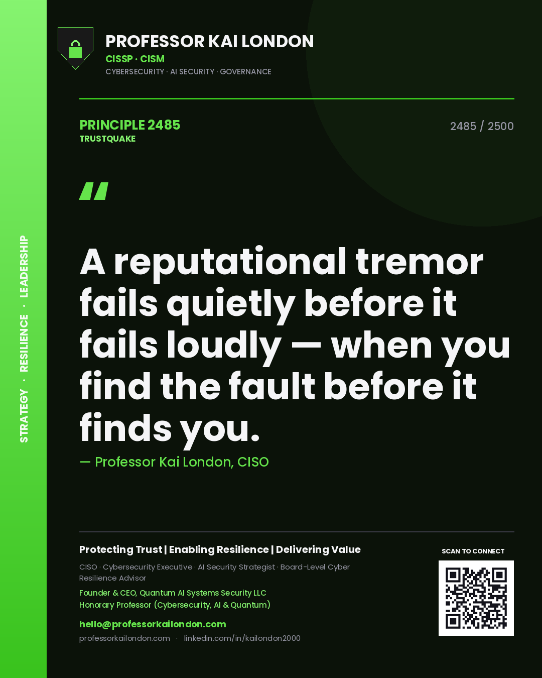 Professor Kai London principle 2485: A reputational tremor fails quietly before it fails loudly — when you find the fault before it finds you.