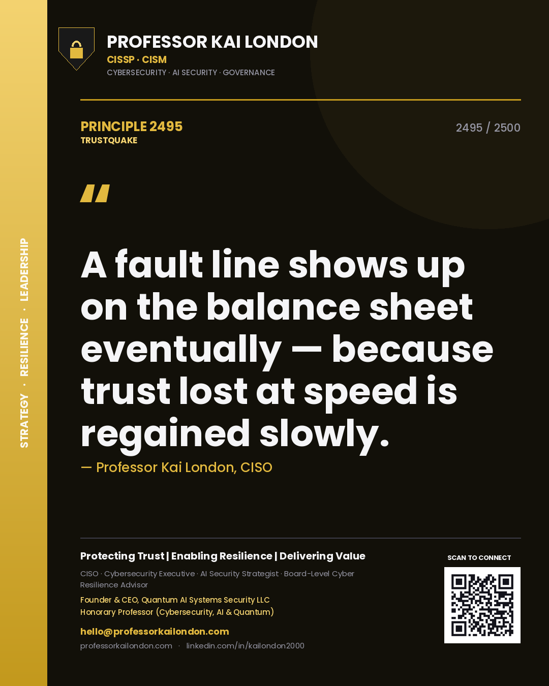 Professor Kai London principle 2495: A fault line shows up on the balance sheet eventually — because trust lost at speed is regained slowly.