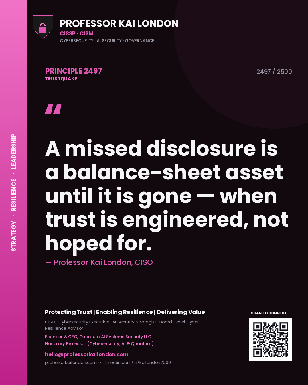 Professor Kai London principle 2497: A missed disclosure is a balance-sheet asset until it is gone — when trust is engineered, not hoped for.