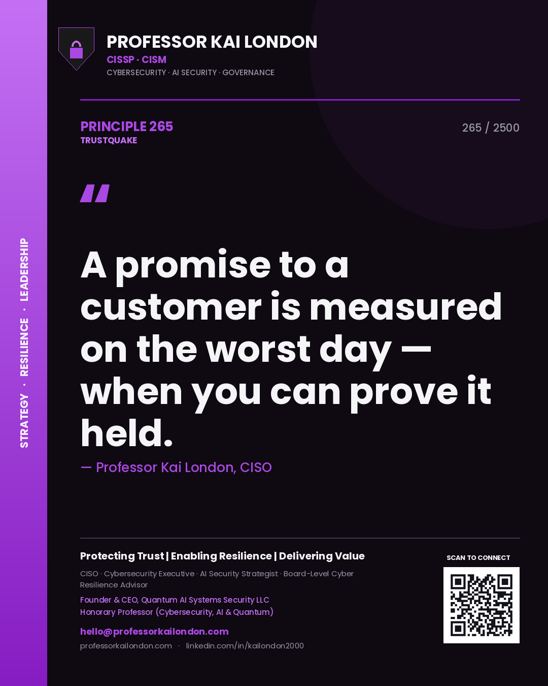 Professor Kai London principle 265: A promise to a customer is measured on the worst day — when you can prove it held.