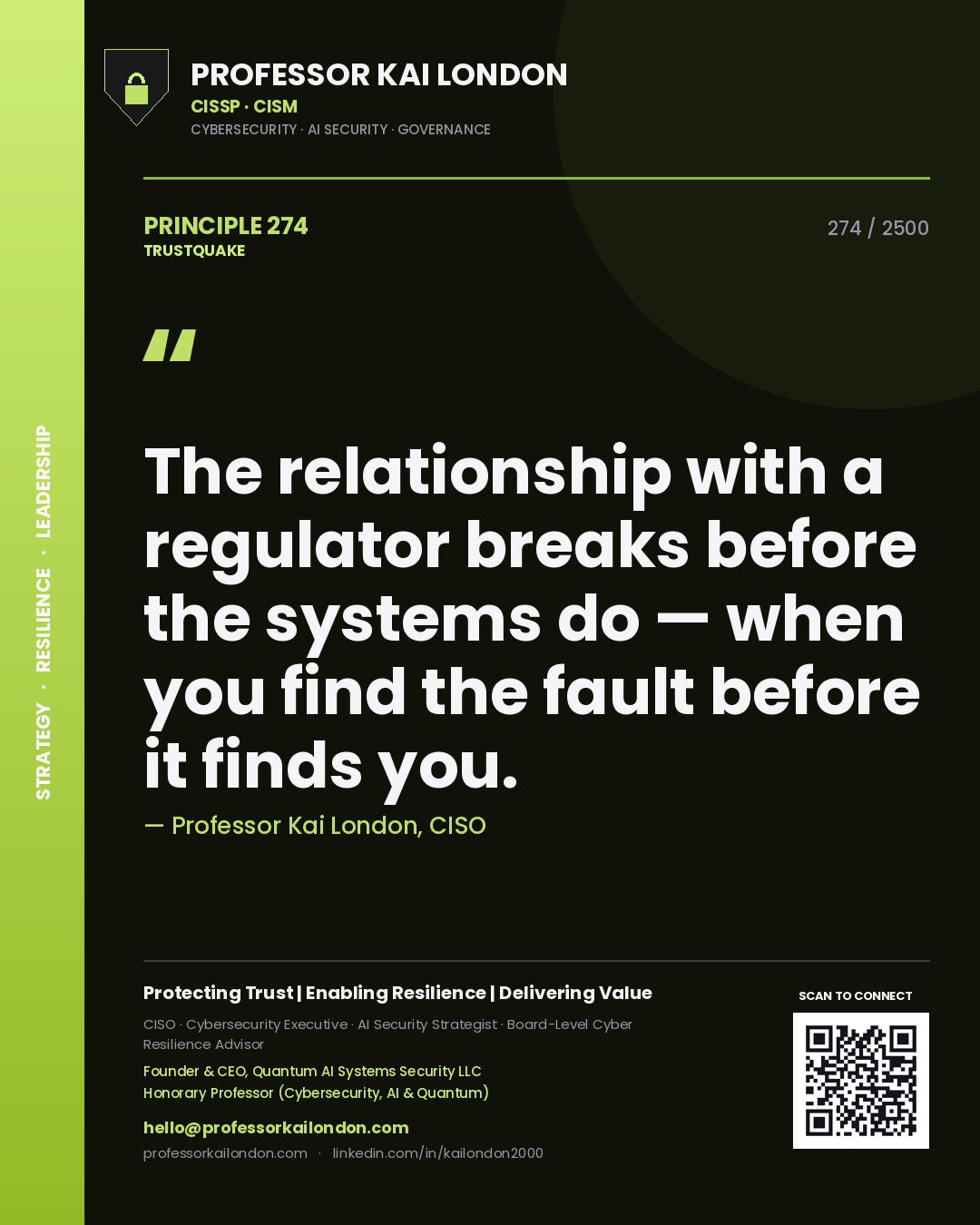 Professor Kai London principle 274: The relationship with a regulator breaks before the systems do — when you find the fault before it finds you.