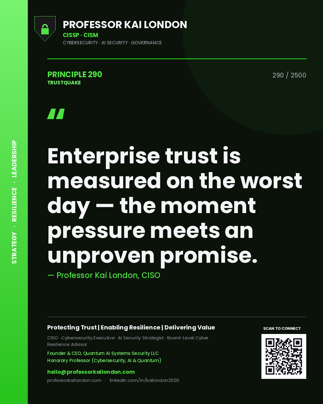 Professor Kai London principle 290: Enterprise trust is measured on the worst day — the moment pressure meets an unproven promise.