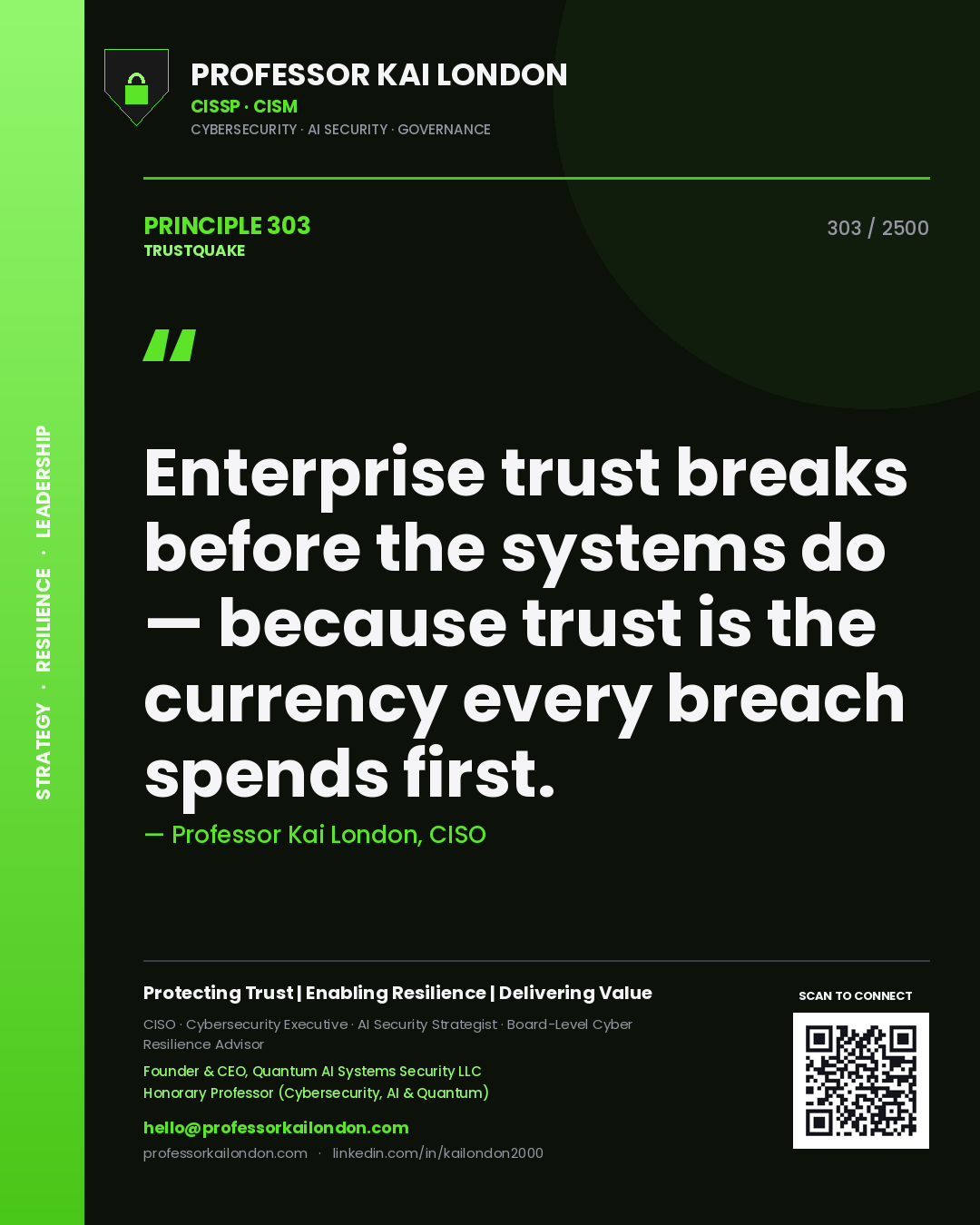 Professor Kai London principle 303: Enterprise trust breaks before the systems do — because trust is the currency every breach spends first.