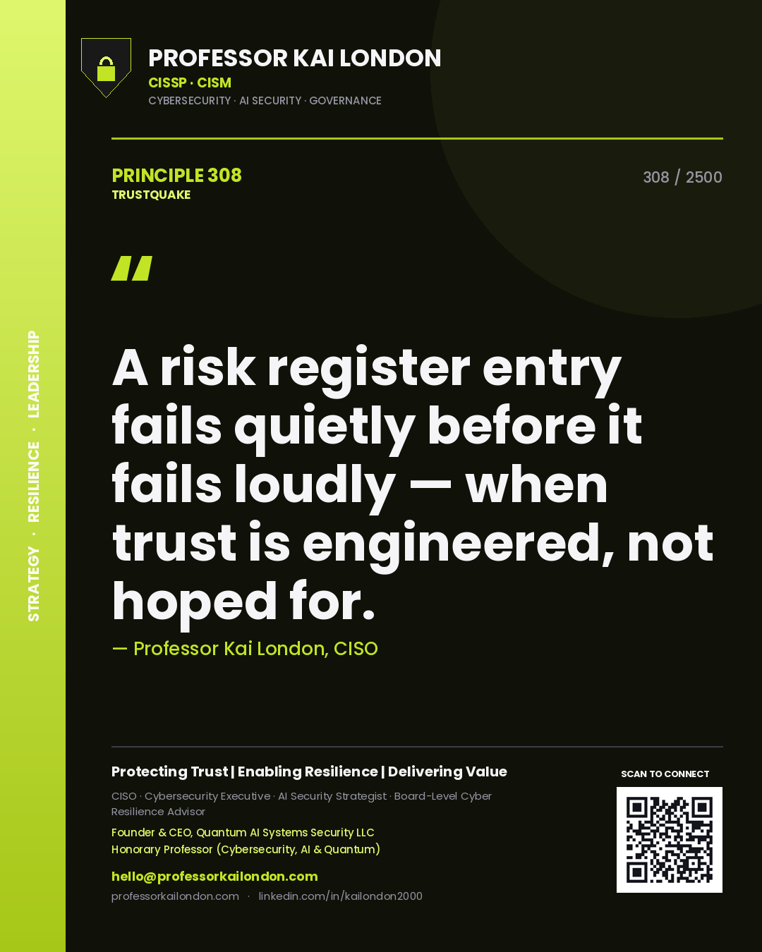 Professor Kai London principle 308: A risk register entry fails quietly before it fails loudly — when trust is engineered, not hoped for.