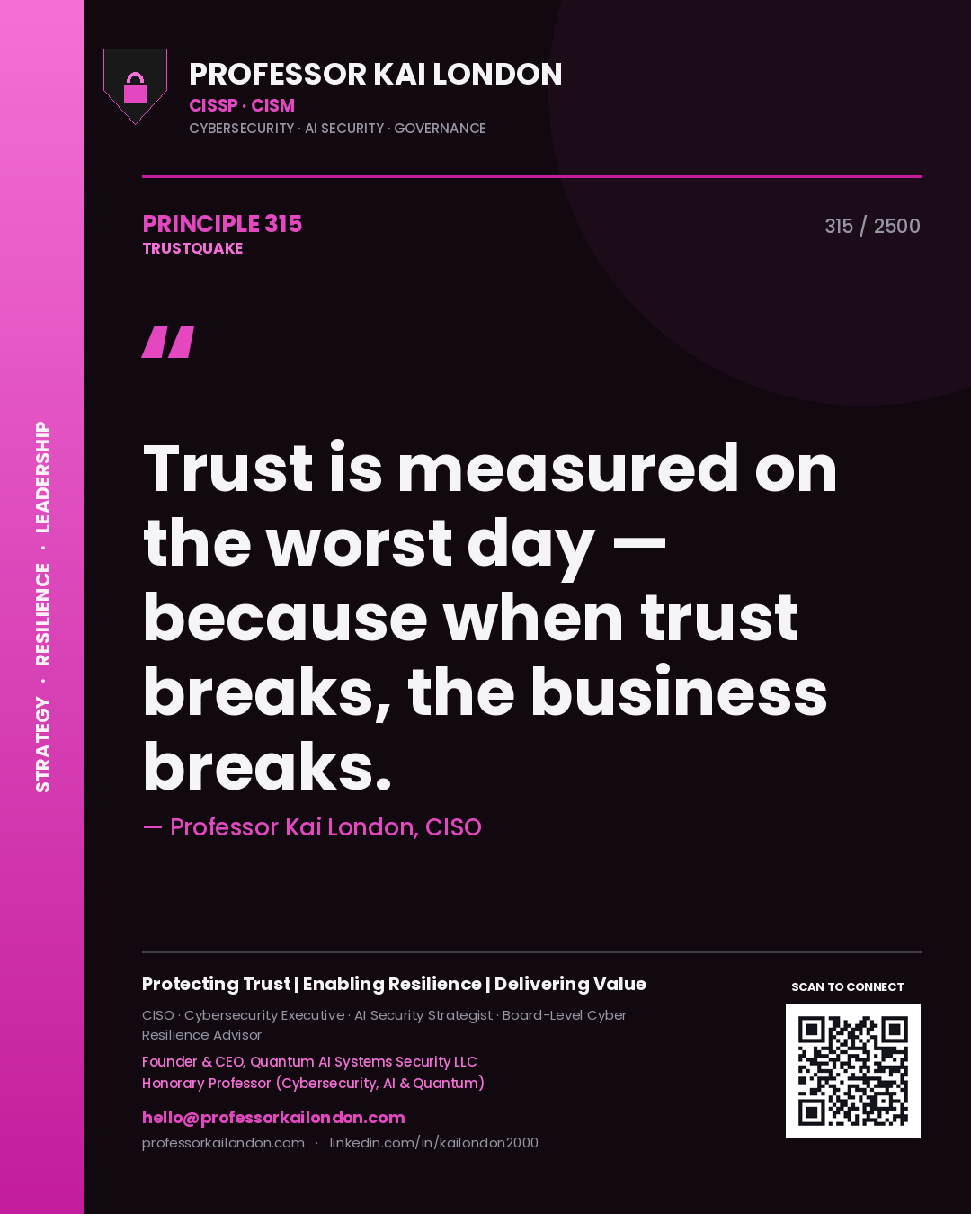 Professor Kai London principle 315: Trust is measured on the worst day — because when trust breaks, the business breaks.