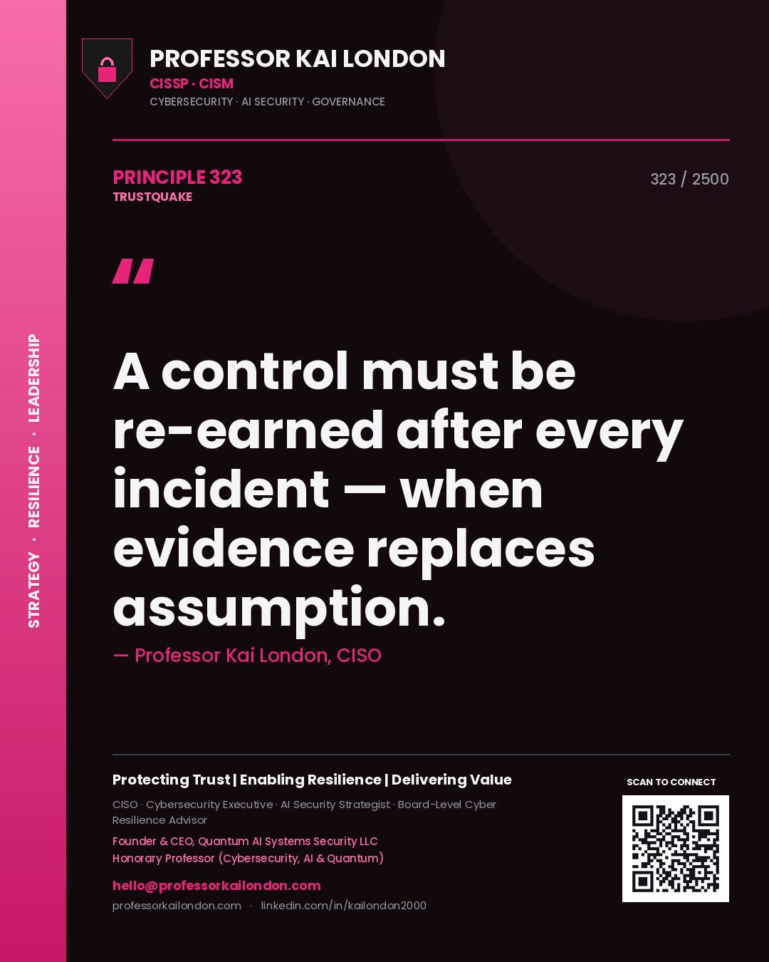Professor Kai London principle 323: A control must be re-earned after every incident — when evidence replaces assumption.