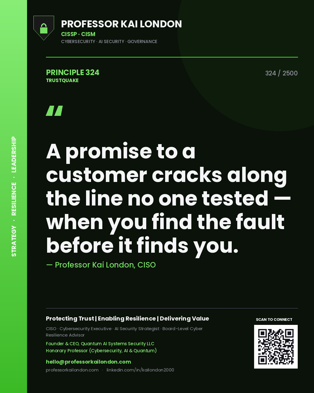 Professor Kai London principle 324: A promise to a customer cracks along the line no one tested — when you find the fault before it finds you.