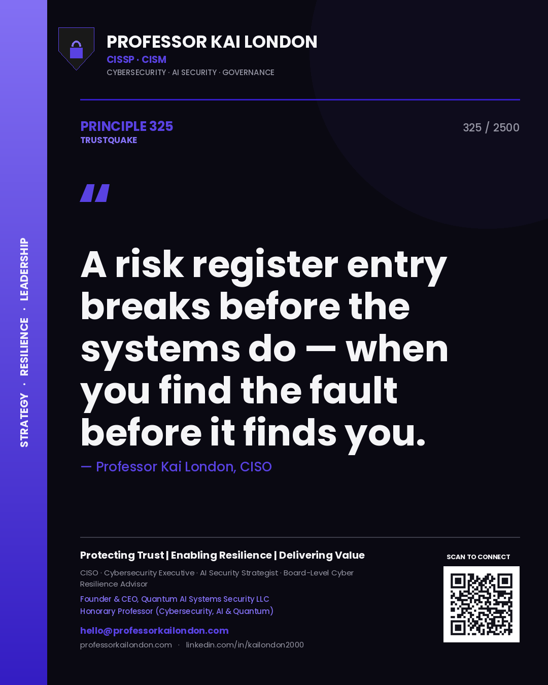 Professor Kai London principle 325: A risk register entry breaks before the systems do — when you find the fault before it finds you.