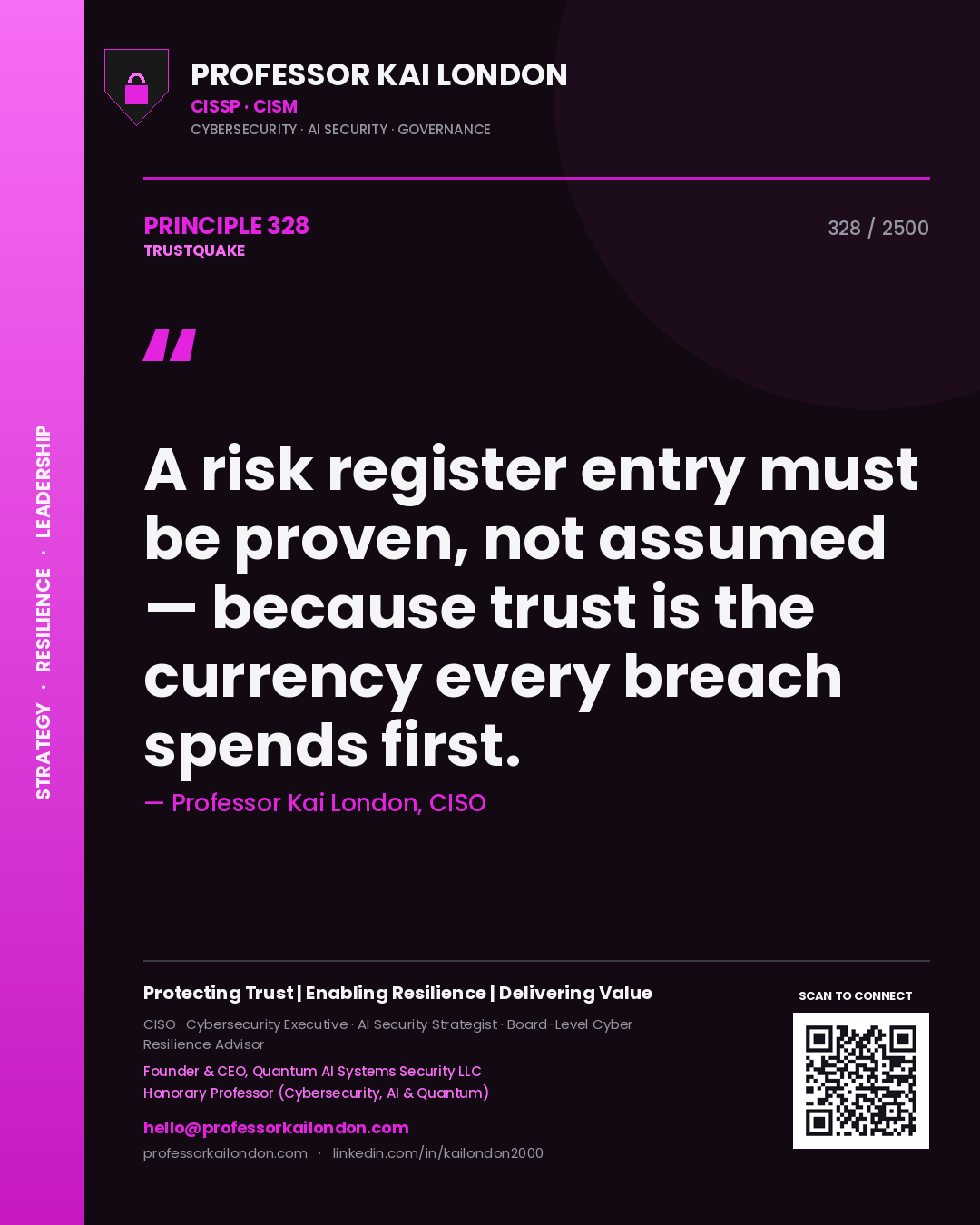 Professor Kai London principle 328: A risk register entry must be proven, not assumed — because trust is the currency every breach spends first.