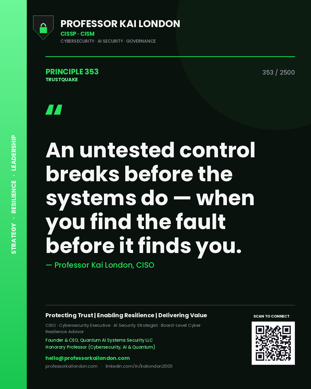 Professor Kai London principle 353: An untested control breaks before the systems do — when you find the fault before it finds you.