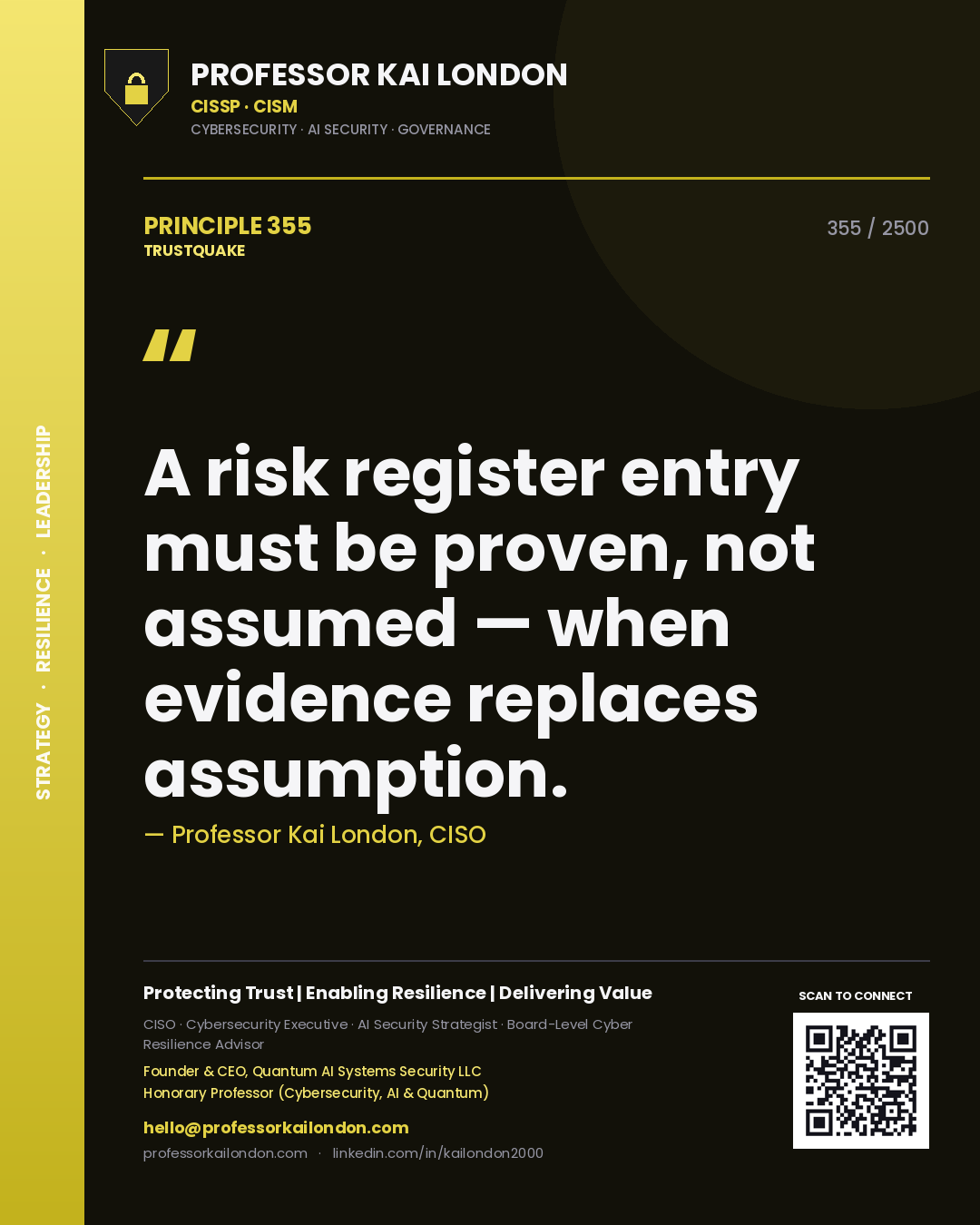 Professor Kai London principle 355: A risk register entry must be proven, not assumed — when evidence replaces assumption.