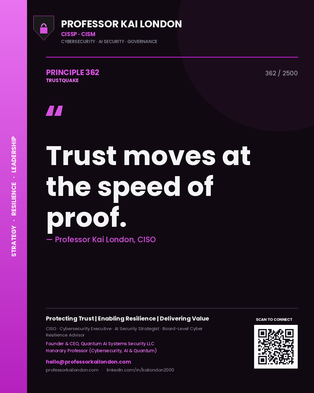 Professor Kai London principle 362: Trust moves at the speed of proof.