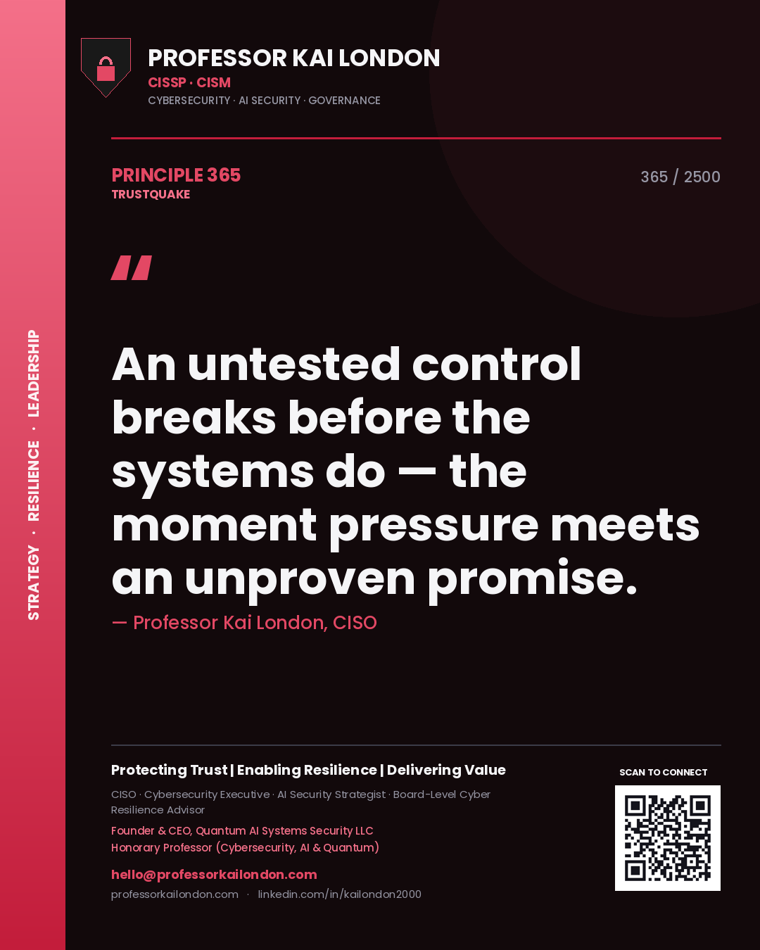 Professor Kai London principle 365: An untested control breaks before the systems do — the moment pressure meets an unproven promise.