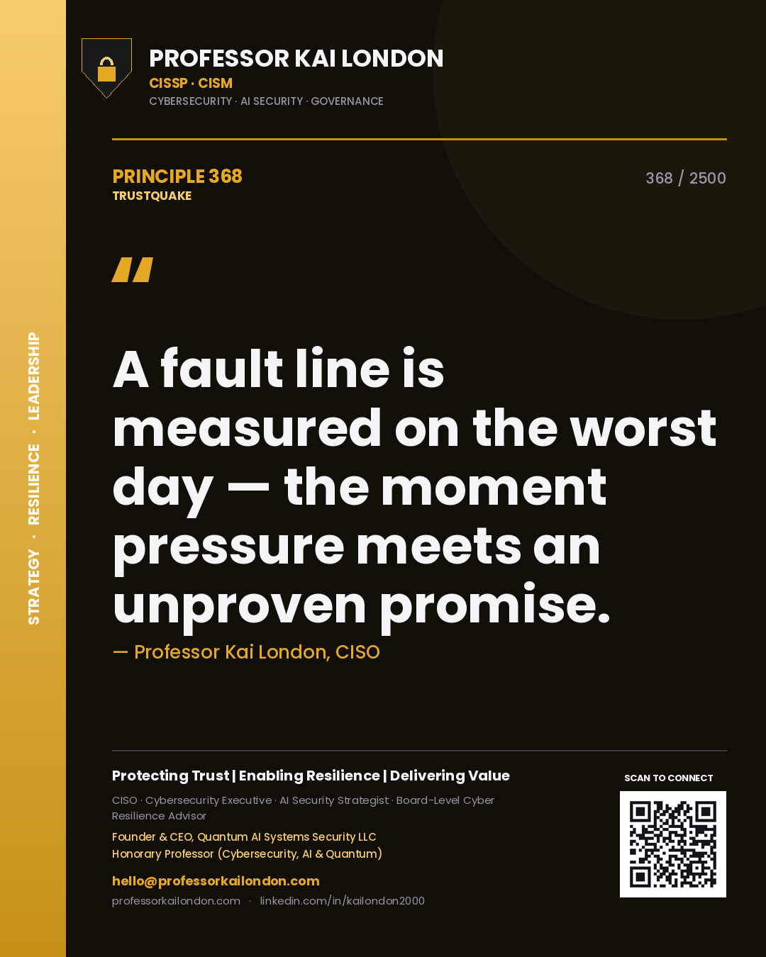 Professor Kai London principle 368: A fault line is measured on the worst day — the moment pressure meets an unproven promise.