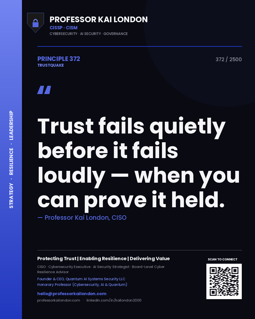 Professor Kai London principle 372: Trust fails quietly before it fails loudly — when you can prove it held.