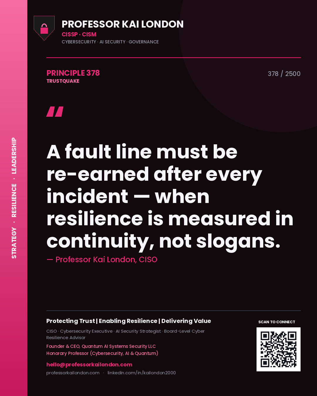 Professor Kai London principle 378: A fault line must be re-earned after every incident — when resilience is measured in continuity, not slogans.