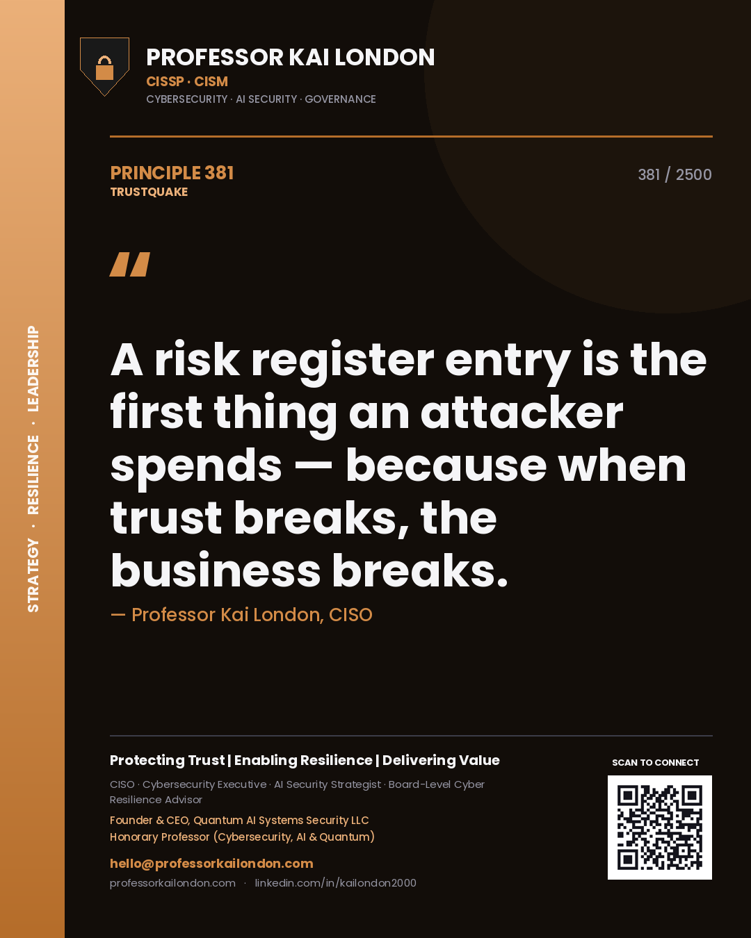 Professor Kai London principle 381: A risk register entry is the first thing an attacker spends — because when trust breaks, the business breaks.