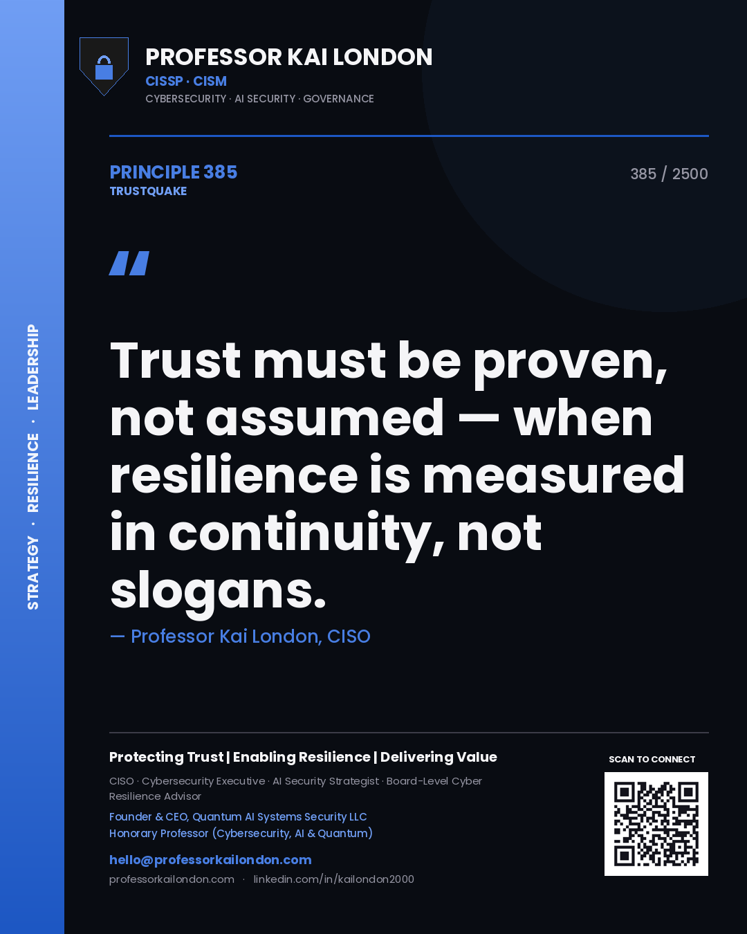 Professor Kai London principle 385: Trust must be proven, not assumed — when resilience is measured in continuity, not slogans.