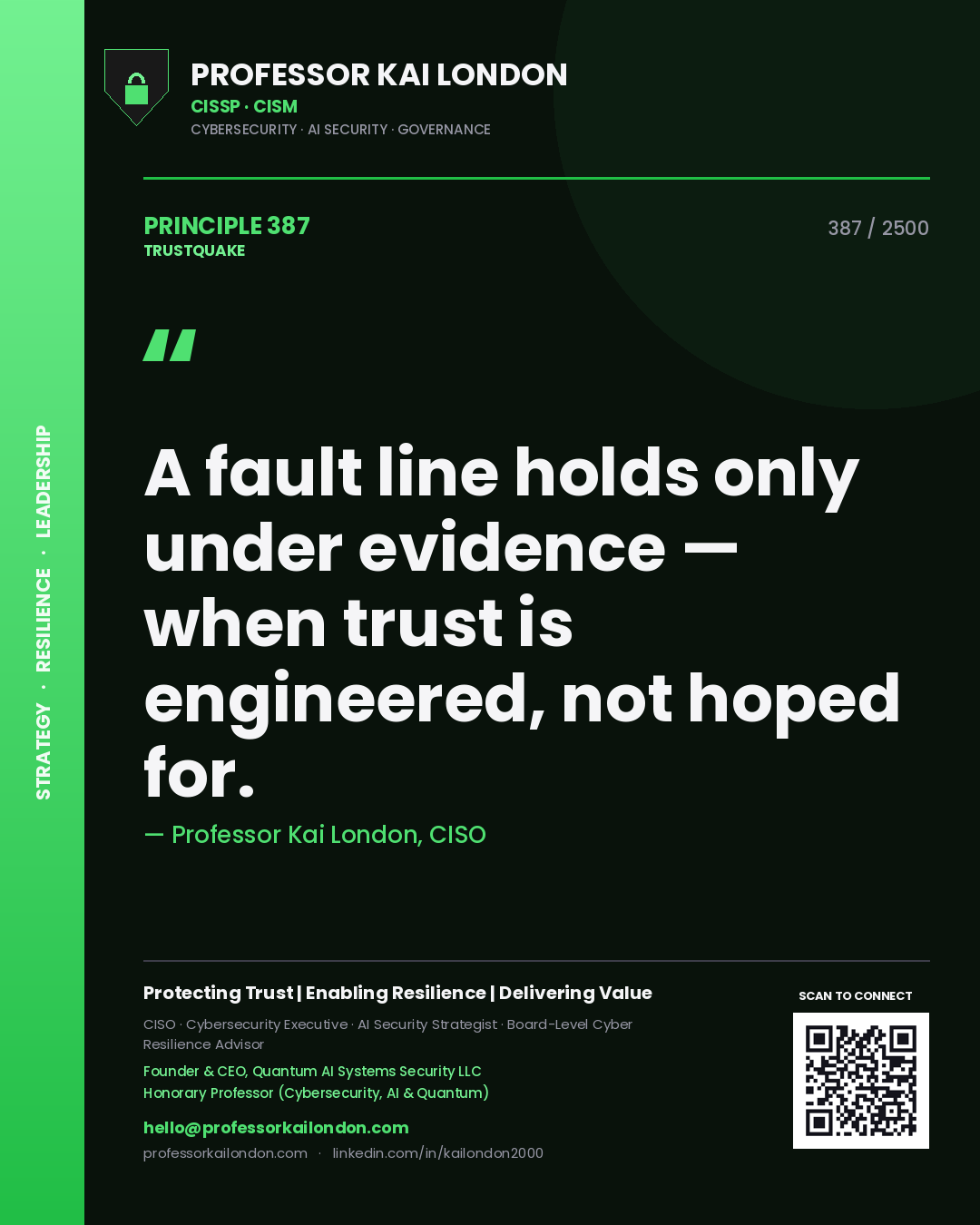 Professor Kai London principle 387: A fault line holds only under evidence — when trust is engineered, not hoped for.