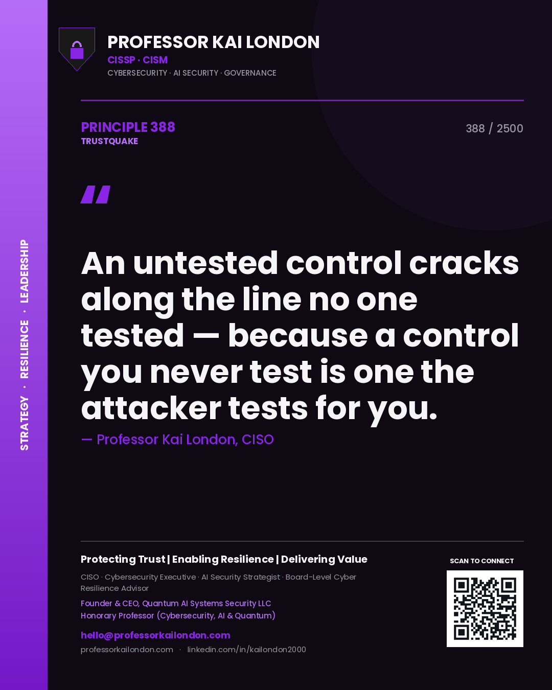 Professor Kai London principle 388: An untested control cracks along the line no one tested — because a control you never test is one the attacker tests for you.