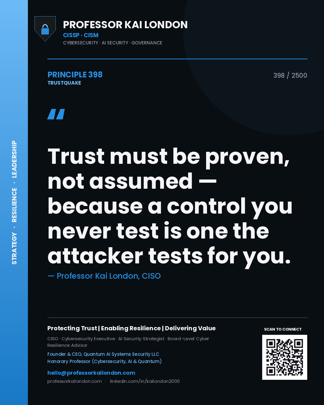 Professor Kai London principle 398: Trust must be proven, not assumed — because a control you never test is one the attacker tests for you.