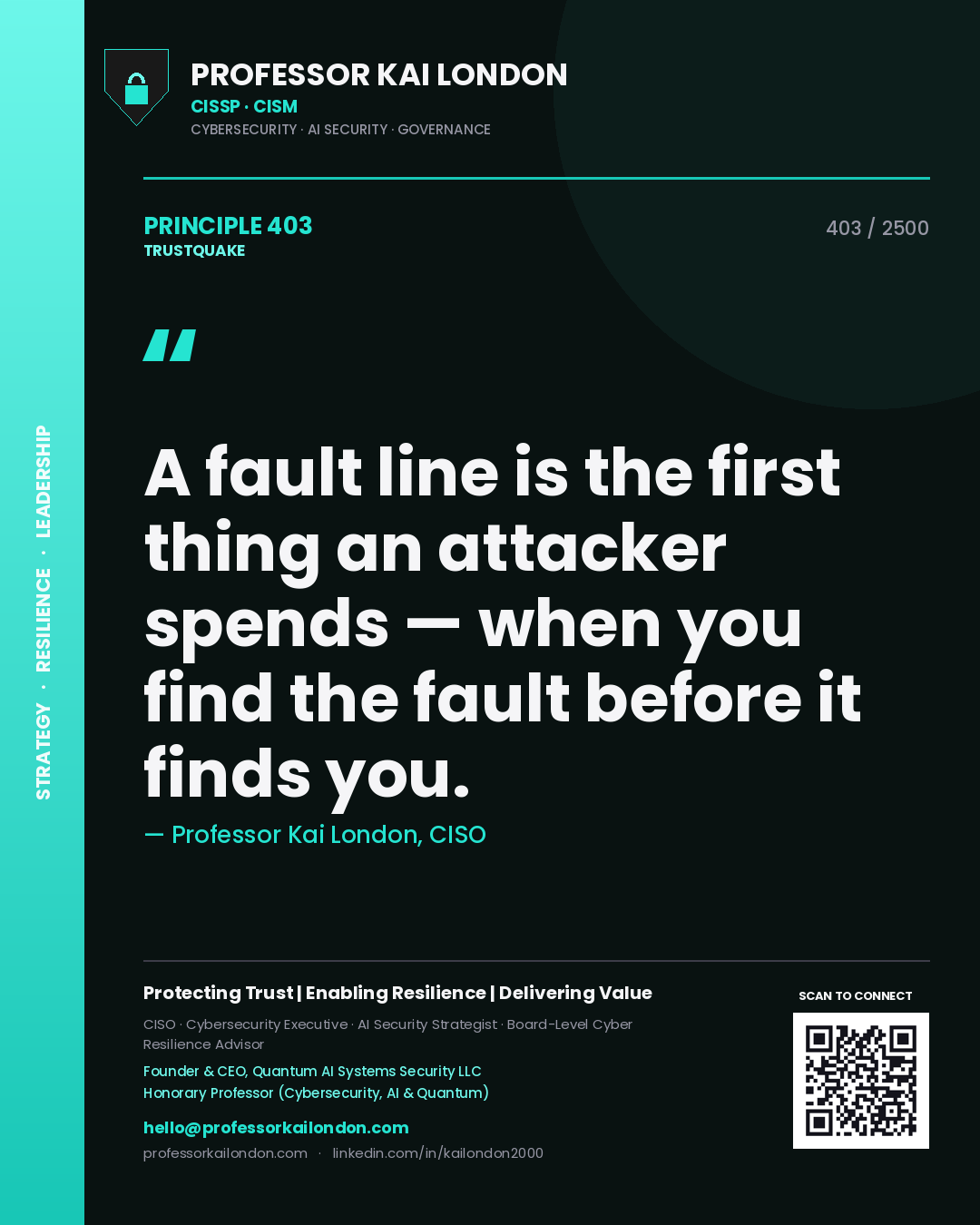 Professor Kai London principle 403: A fault line is the first thing an attacker spends — when you find the fault before it finds you.
