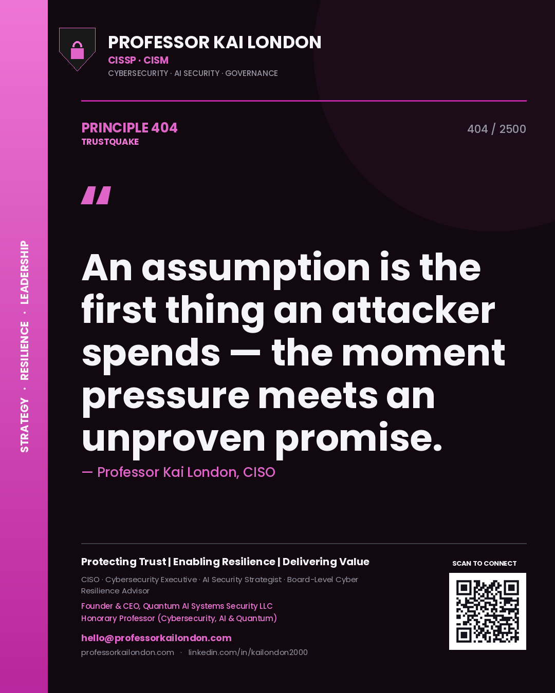 Professor Kai London principle 404: An assumption is the first thing an attacker spends — the moment pressure meets an unproven promise.