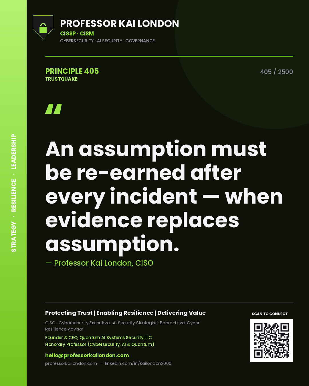 Professor Kai London principle 405: An assumption must be re-earned after every incident — when evidence replaces assumption.