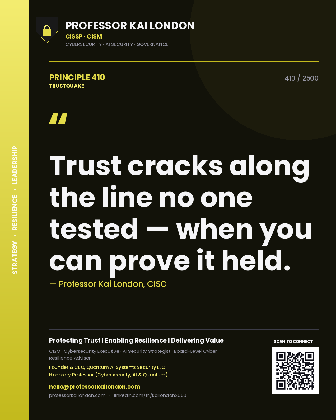 Professor Kai London principle 410: Trust cracks along the line no one tested — when you can prove it held.