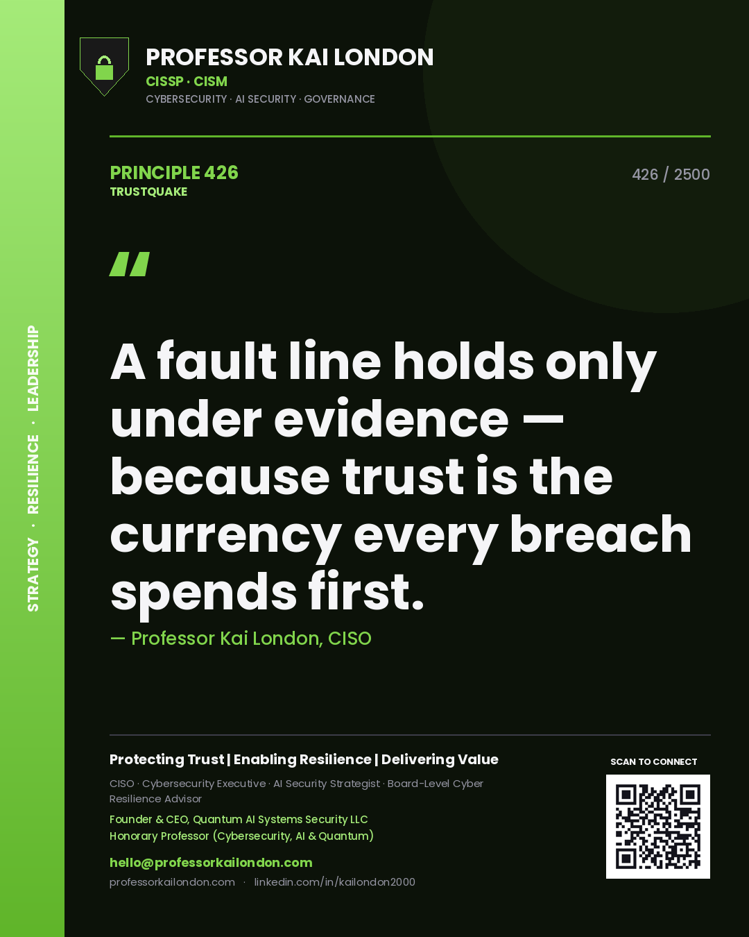 Professor Kai London principle 426: A fault line holds only under evidence — because trust is the currency every breach spends first.