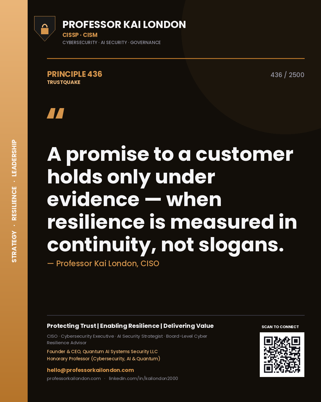 Professor Kai London principle 436: A promise to a customer holds only under evidence — when resilience is measured in continuity, not slogans.
