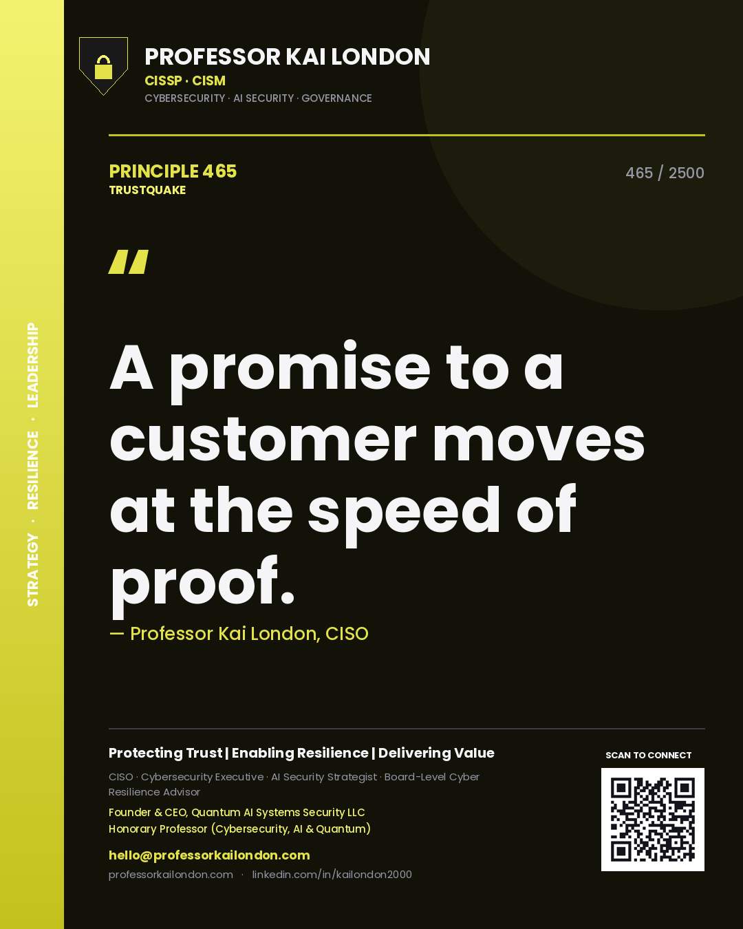 Professor Kai London principle 465: A promise to a customer moves at the speed of proof.