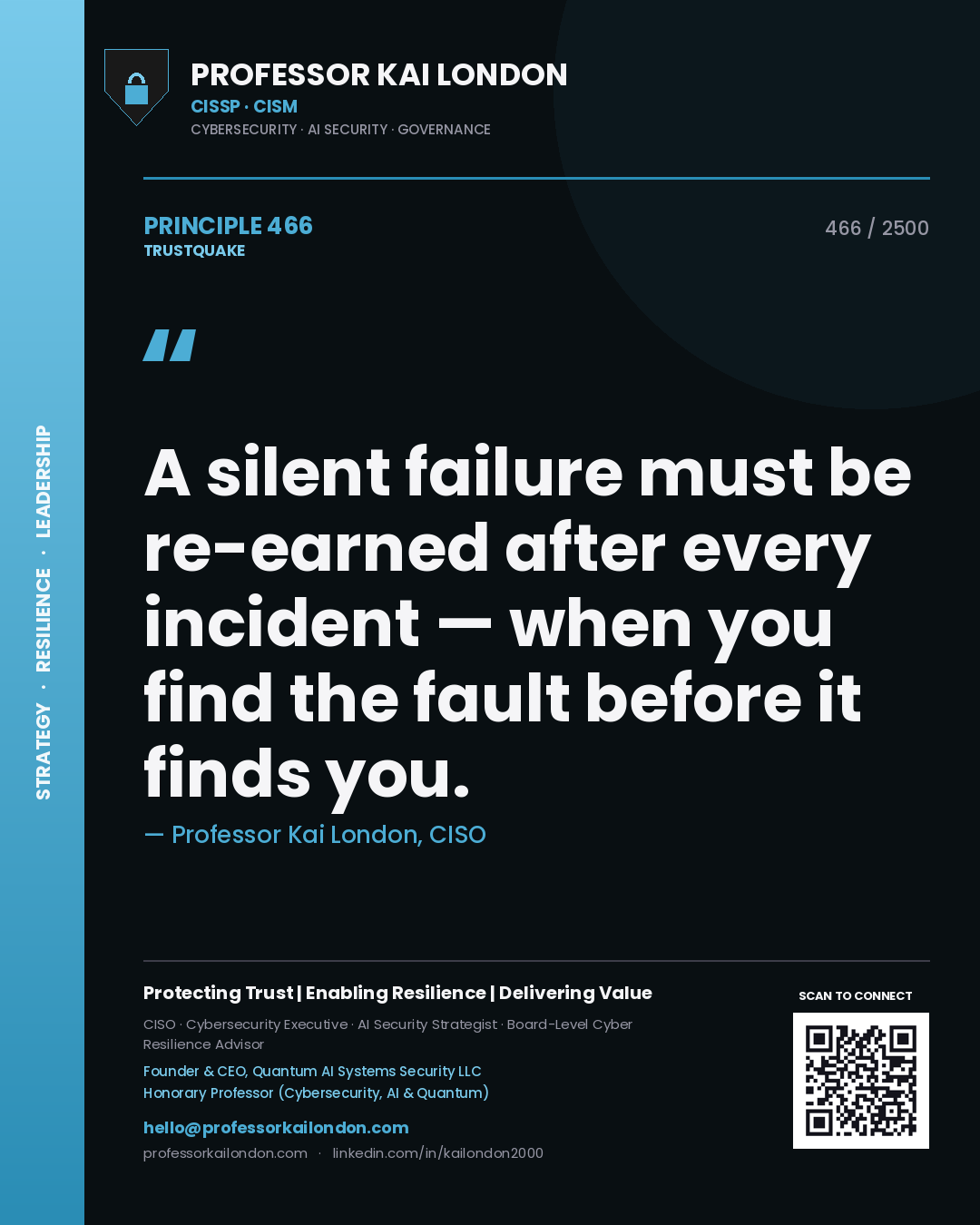 Professor Kai London principle 466: A silent failure must be re-earned after every incident — when you find the fault before it finds you.