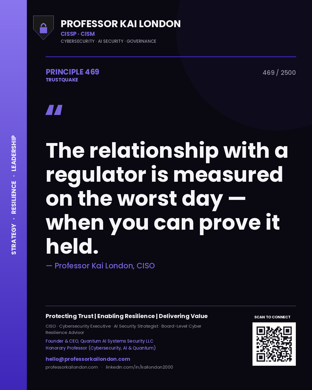 Professor Kai London principle 469: The relationship with a regulator is measured on the worst day — when you can prove it held.