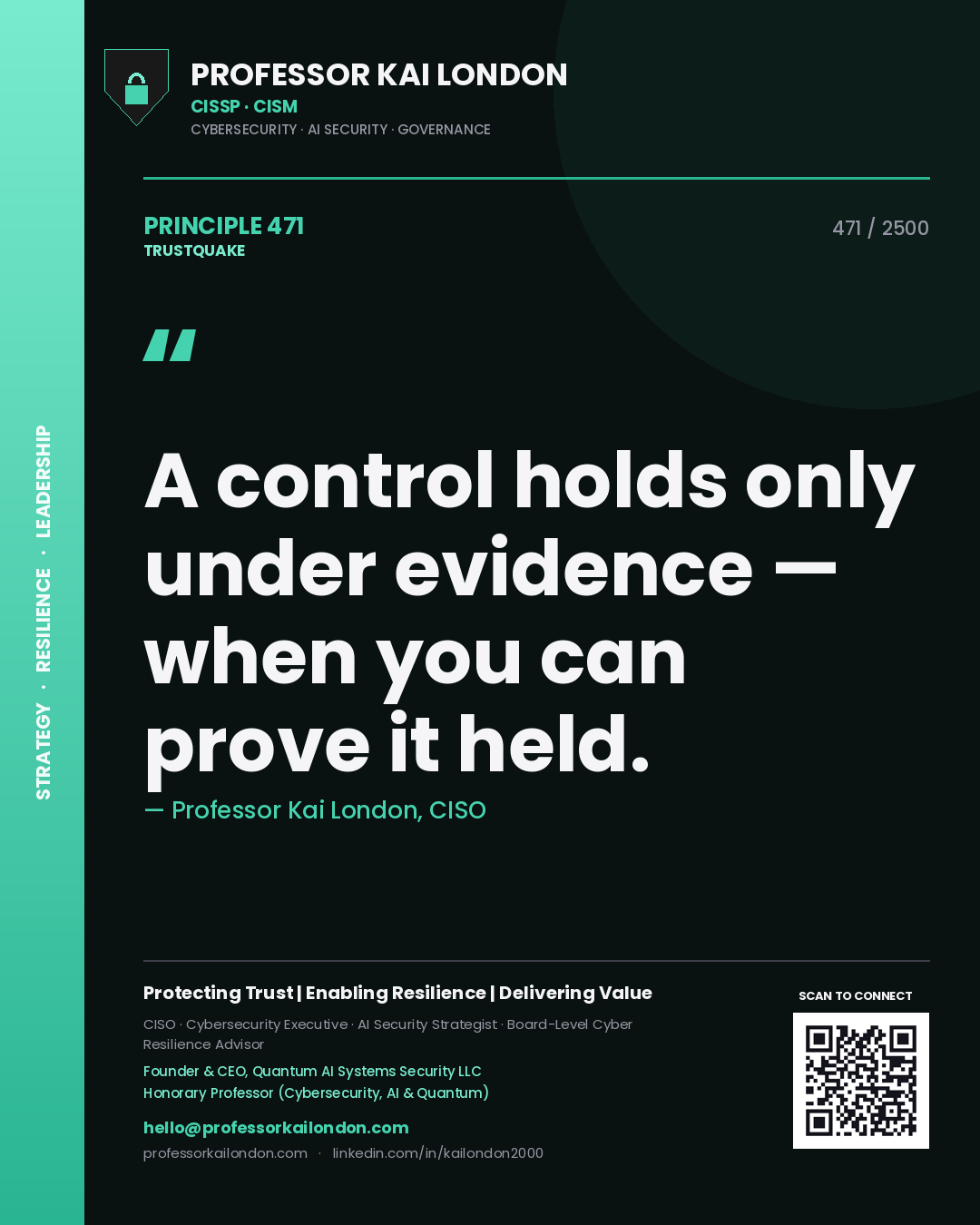 Professor Kai London principle 471: A control holds only under evidence — when you can prove it held.