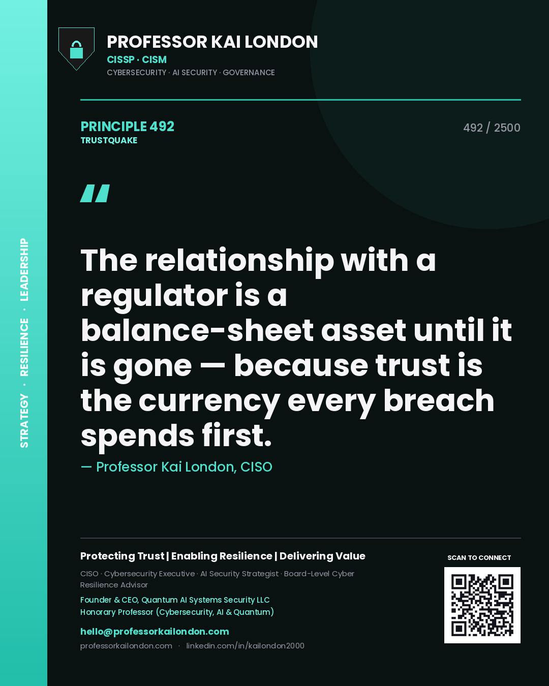 Professor Kai London principle 492: The relationship with a regulator is a balance-sheet asset until it is gone — because trust is the currency every breach spends first.