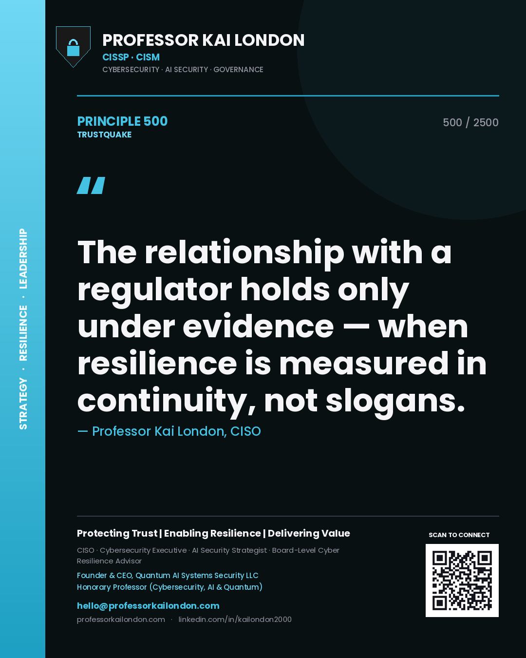 Professor Kai London principle 500: The relationship with a regulator holds only under evidence — when resilience is measured in continuity, not slogans.