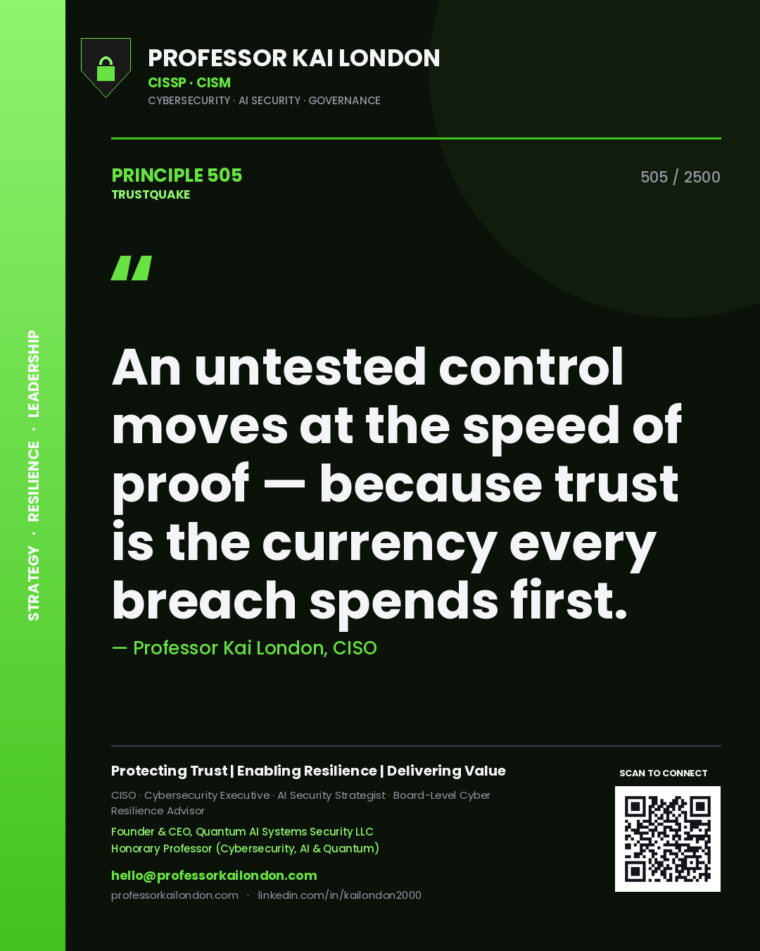 Professor Kai London principle 505: An untested control moves at the speed of proof — because trust is the currency every breach spends first.