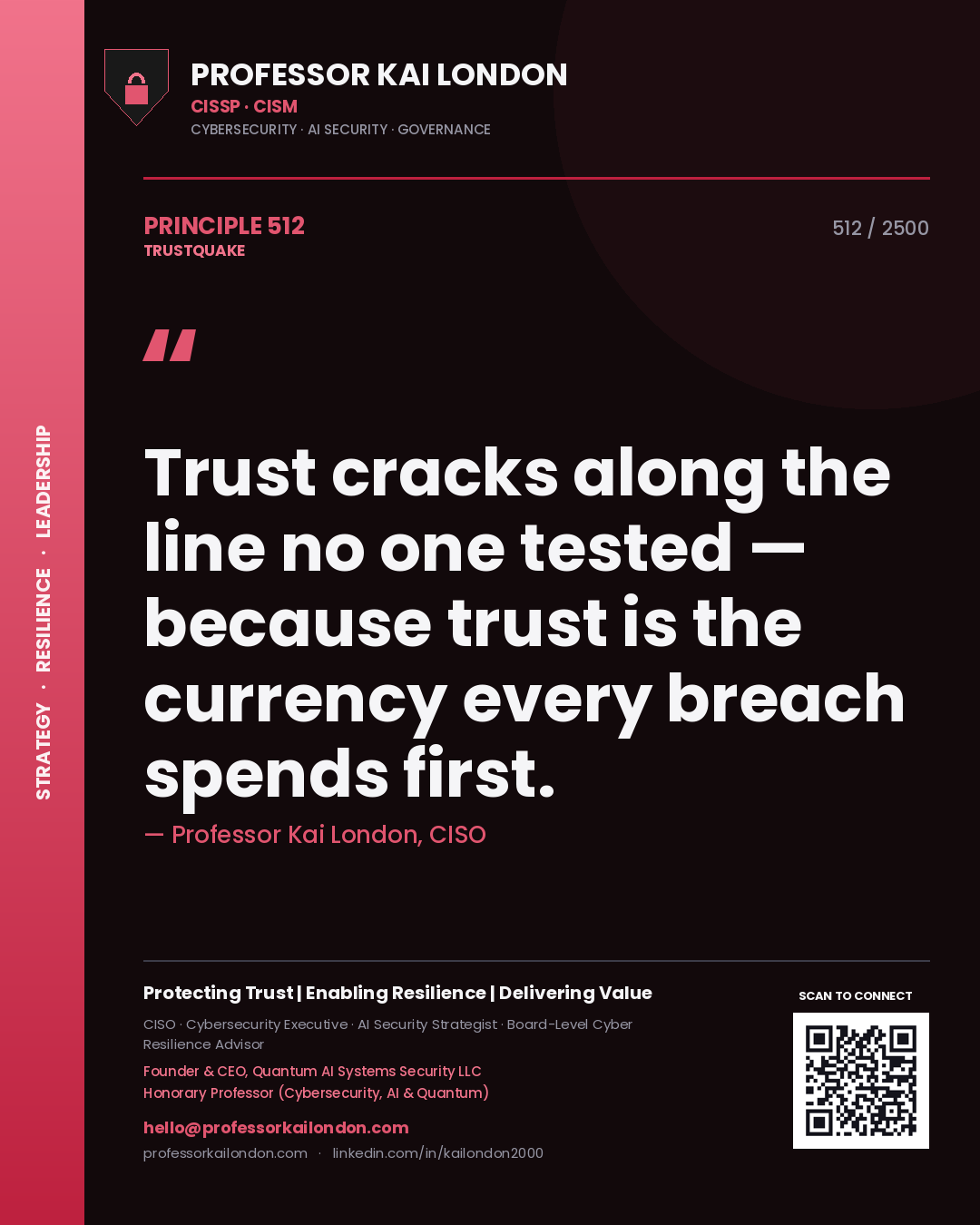 Professor Kai London principle 512: Trust cracks along the line no one tested — because trust is the currency every breach spends first.
